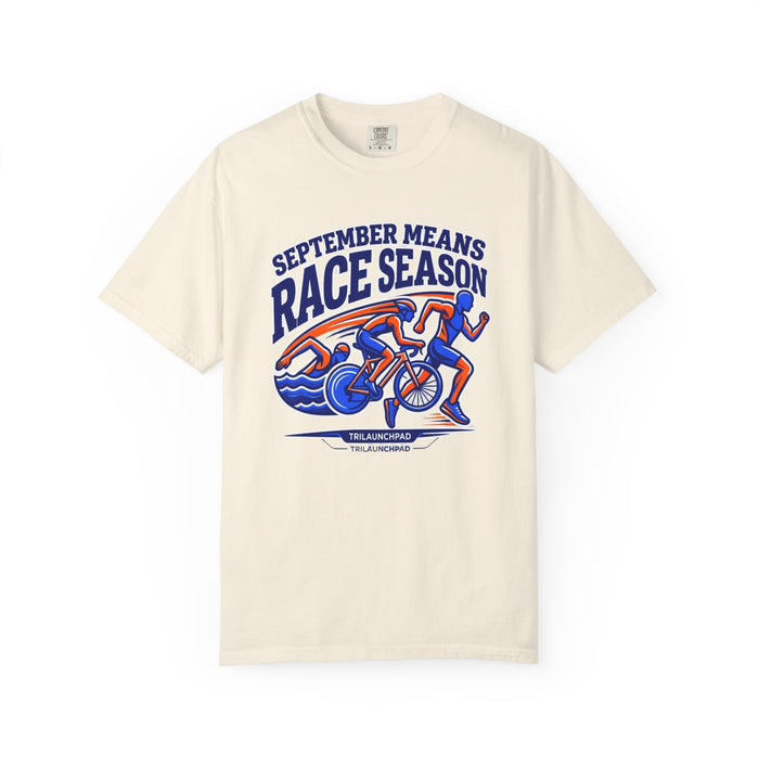 Race Season T-Shirt — "September Means Race Season" Triathlon Cycling & Running Graphic Tee