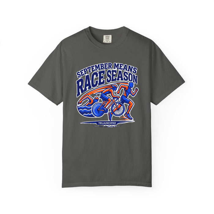 Race Season T-Shirt — "September Means Race Season" Triathlon Cycling & Running Graphic Tee