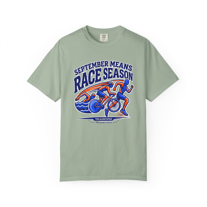 Race Season T-Shirt — "September Means Race Season" Triathlon Cycling & Running Graphic Tee