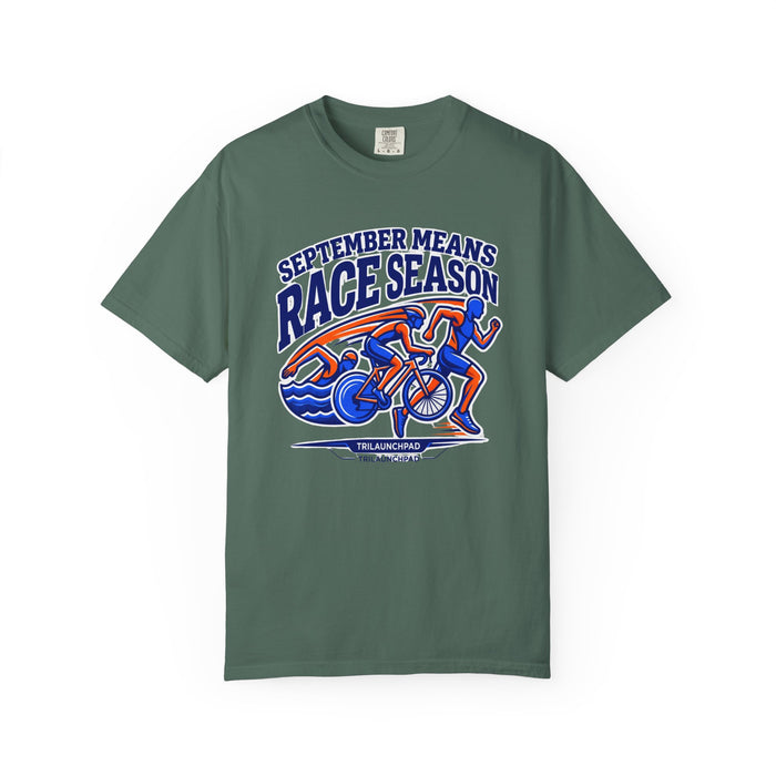 Race Season T-Shirt — "September Means Race Season" Triathlon Cycling & Running Graphic Tee