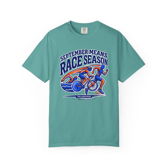 Race Season T-Shirt — "September Means Race Season" Triathlon Cycling & Running Graphic Tee