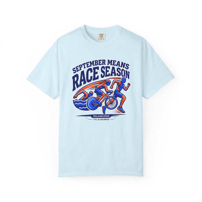 Race Season T-Shirt — "September Means Race Season" Triathlon Cycling & Running Graphic Tee