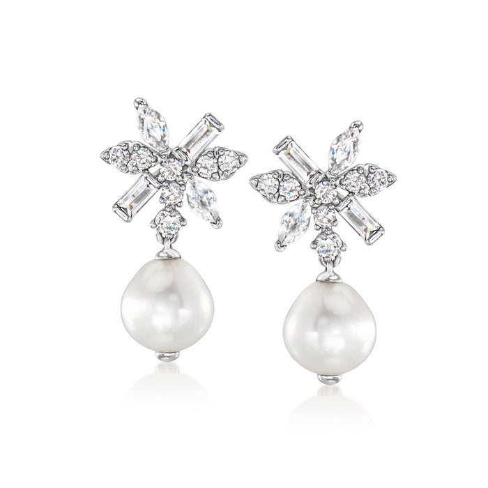 Rhodium-plated drop earrings with CZ floral setting and cultured baroque pearl drops