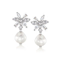 Rhodium-plated drop earrings with CZ floral setting and cultured baroque pearl drops