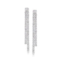 Rhodium-plated two-row linear drop earrings with clear CZ stones, long dangling design