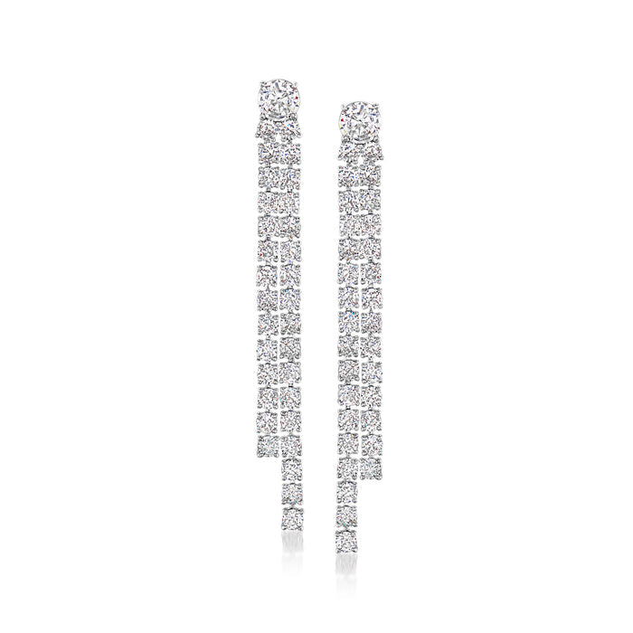 Rhodium-plated two-row linear drop earrings with clear CZ stones, long dangling design