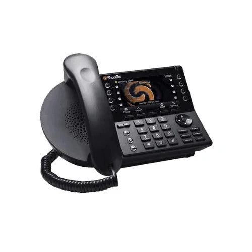 The refurbished ShoreTel IP458G 8-line RJ45 IP PoE Telephone features a digital display, multiple function buttons, a coiled cord, and reliable Gigabit Ethernet for smooth office communications. Brand: ShoreTel.