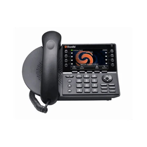 A refurbished ShoreTel IP458G 8-line RJ45 IP PoE business phone with color display, keypad, function buttons, and handset with coiled cord. Brand: ShoreTel.