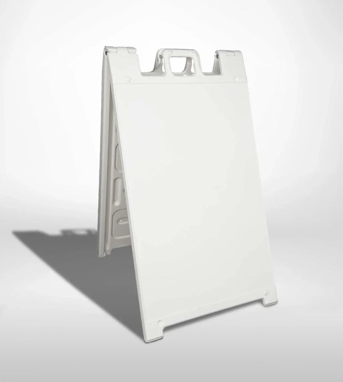 White A-frame sign stand for outdoor advertising, perfect for gas station price signs or car wash promotions