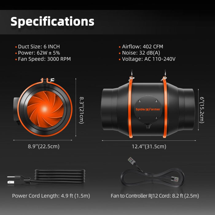 Spider Farmer 6 inch inline fan dimensions