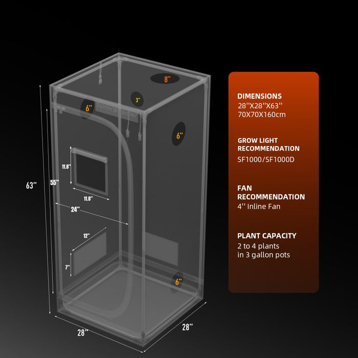 Spider Farmer 70x70x160cm grow tent size diagram