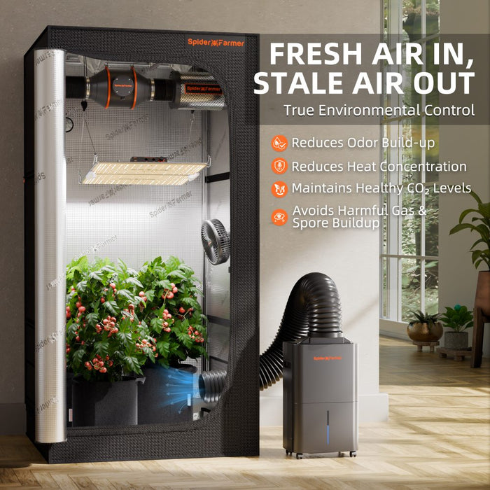 Spider Farmer 32 Pint Dehumidifier set up beside a grow tent