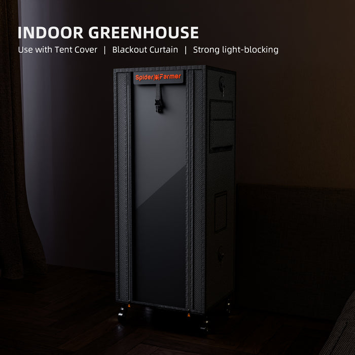 Plant stand with double-layer tent door showing full light transmission and blackout