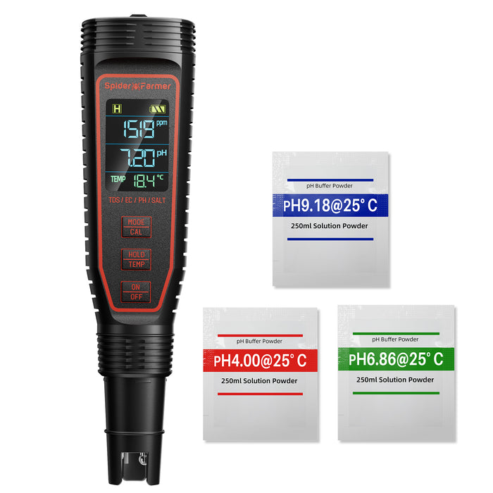 Spider Farmer 5-in-1 hydroponic pH meter kit with calibration powders and USB Type-C cable