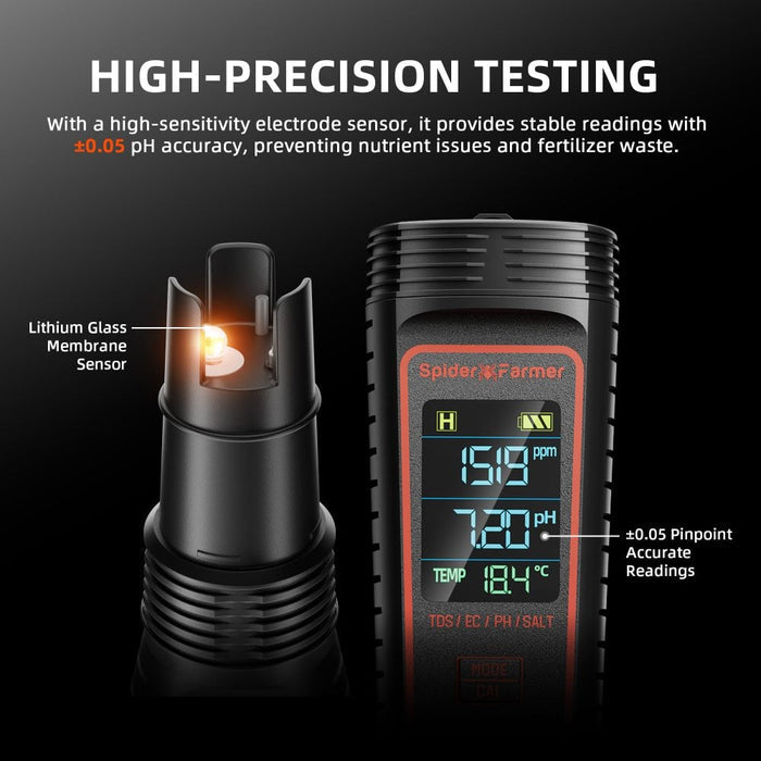 Spider Farmer 5-in-1 pH meter showing high-precision electrode sensor