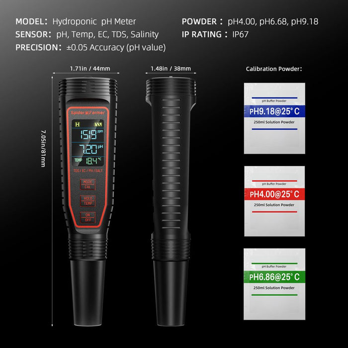 Spider Farmer 5-in-1 pH meter specifications: pH, temp, EC, TDS, salinity, IP67, calibration powders