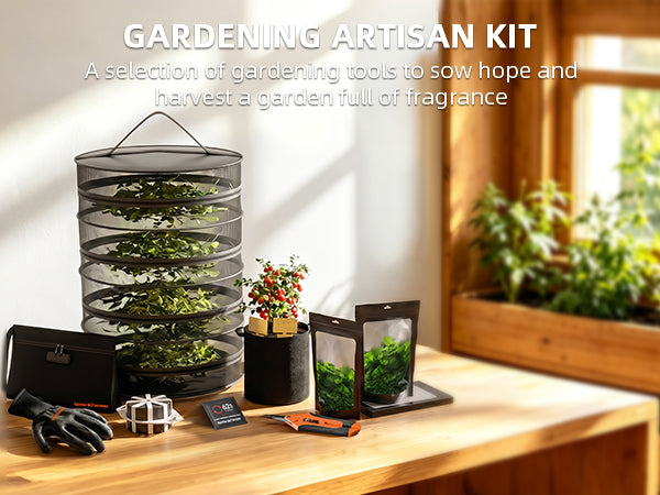 Spider Farmer 9-in-1 grow tools kit set up on a bench with the 4-layer drying rack in use