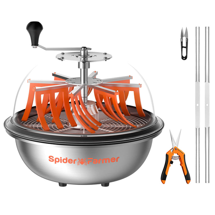 Spider Farmer 16 inch bud leaf bowl trimmer with clear dome, blades, scissors, pruning shears and gloves