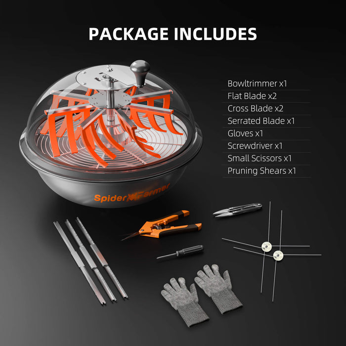 What is included with the Spider Farmer bud leaf bowl trimmer: trimmer, blades, gloves, scissors and pruning shears