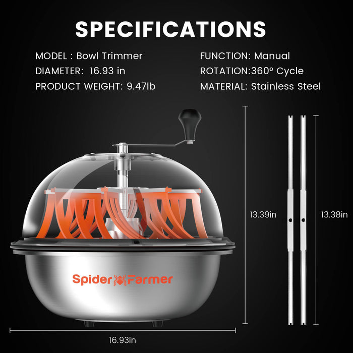 Spider Farmer bud leaf bowl trimmer specifications: 430mm diameter, stainless steel, manual, 360 degree rotation