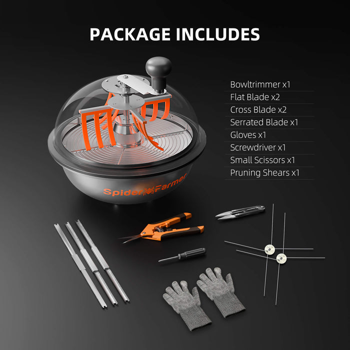 What is included with the Spider Farmer 13 inch bowl trimmer: trimmer, five blades, scissors, pruning shears and gloves