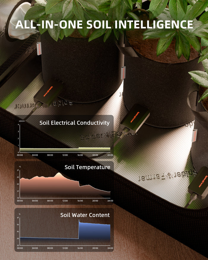 Spider Farmer GGS 3-in-1 Soil Sensor Pro monitoring soil moisture, temperature and EC