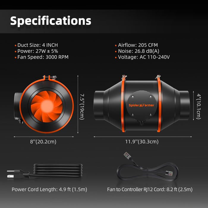 Dimensions of Spider Farmer 4 inch inline duct fan