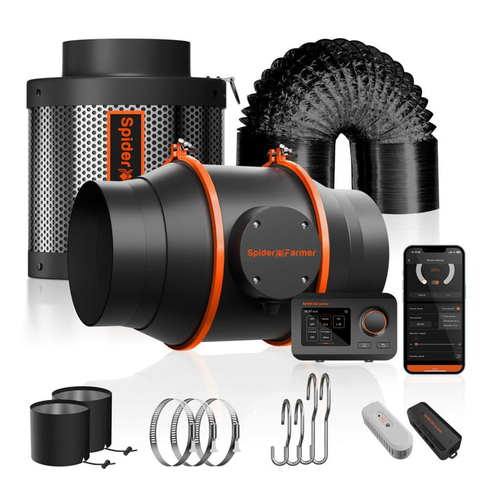 Spider Farmer 150mm 6 inch inline fan and carbon filter kit with GGS controller