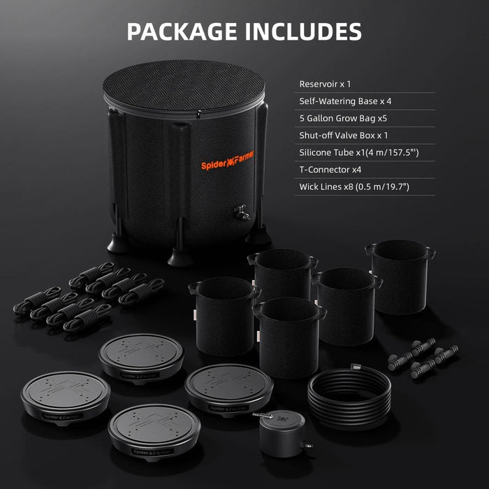Spider Farmer self-watering system package contents including 50L bucket, pot bases, grow bags and silicone tube