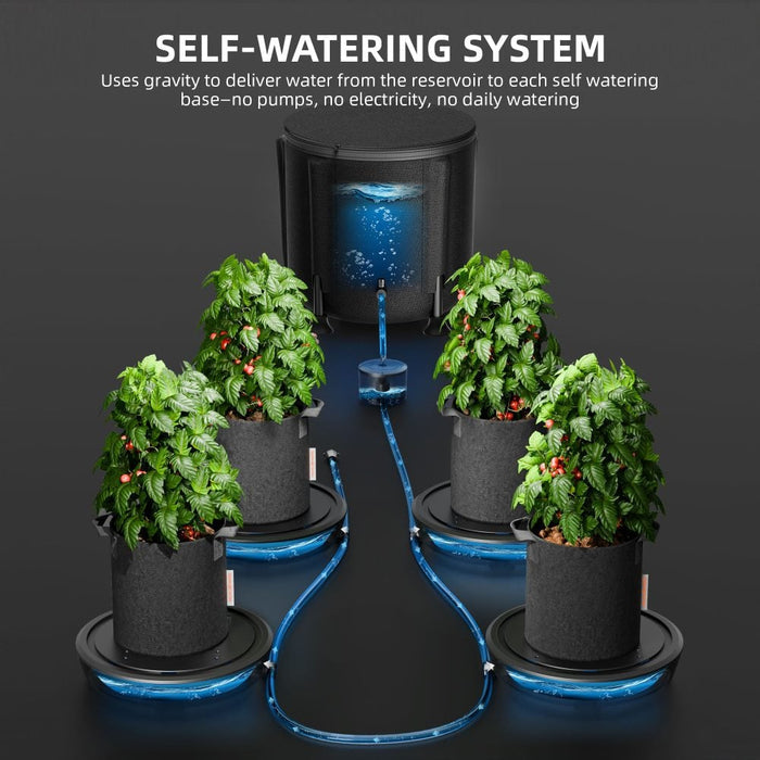 Spider Farmer gravity-fed self-watering system set up in an indoor grow tent