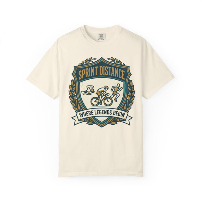 Sprint Distance T-Shirt — "Where Legends Begin" Triathlon Badge Tee