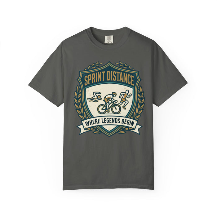 Sprint Distance T-Shirt — "Where Legends Begin" Triathlon Badge Tee