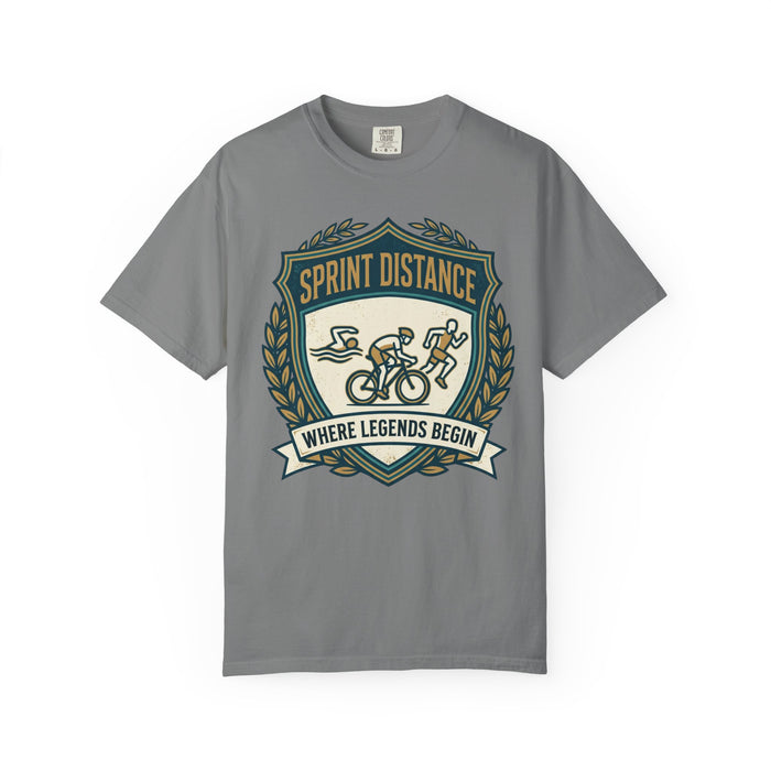Sprint Distance T-Shirt — "Where Legends Begin" Triathlon Badge Tee
