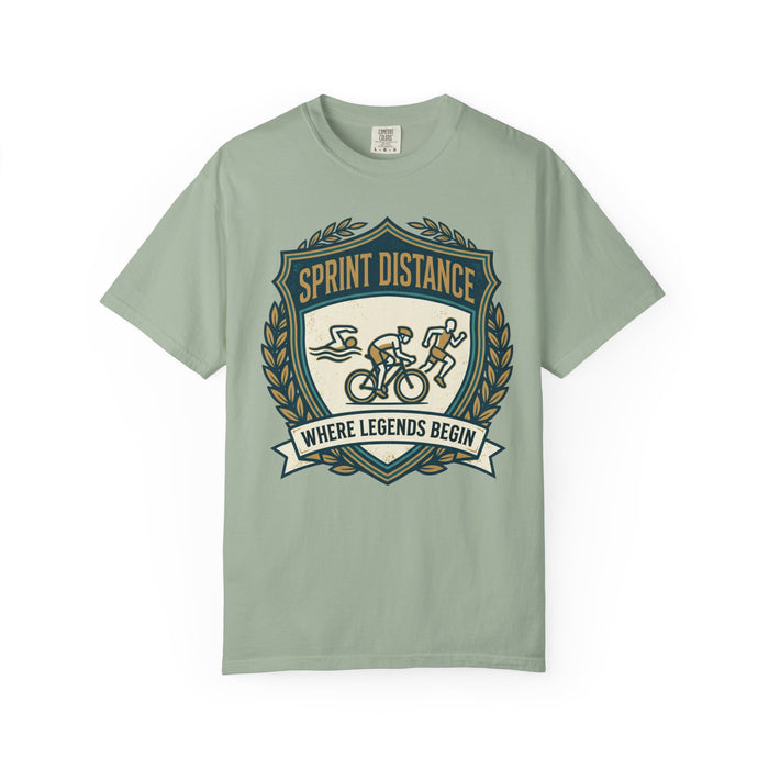 Sprint Distance T-Shirt — "Where Legends Begin" Triathlon Badge Tee