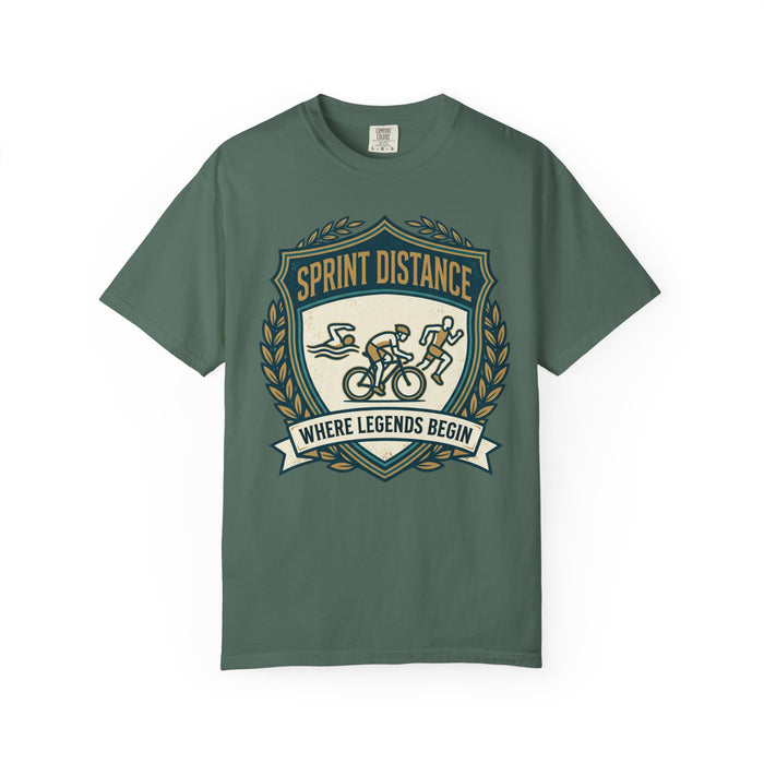 Sprint Distance T-Shirt — "Where Legends Begin" Triathlon Badge Tee