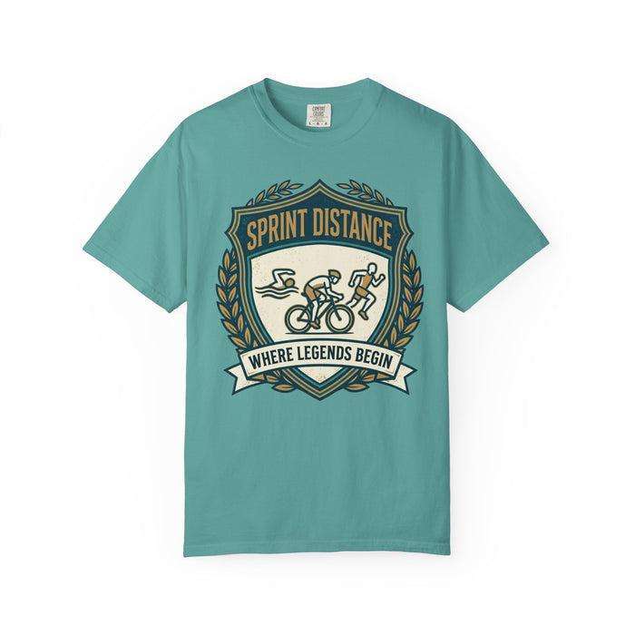 Sprint Distance T-Shirt — "Where Legends Begin" Triathlon Badge Tee