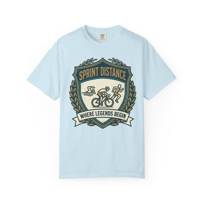 Sprint Distance T-Shirt — "Where Legends Begin" Triathlon Badge Tee