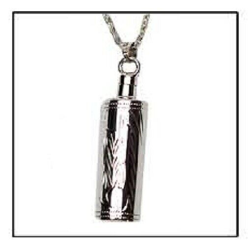 Sterling Silver Etched Cylinder Funeral Cremation Urn Pendant w/Chain for Ashes