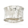Hammered sterling silver ring, wide band with textured reflective finish.