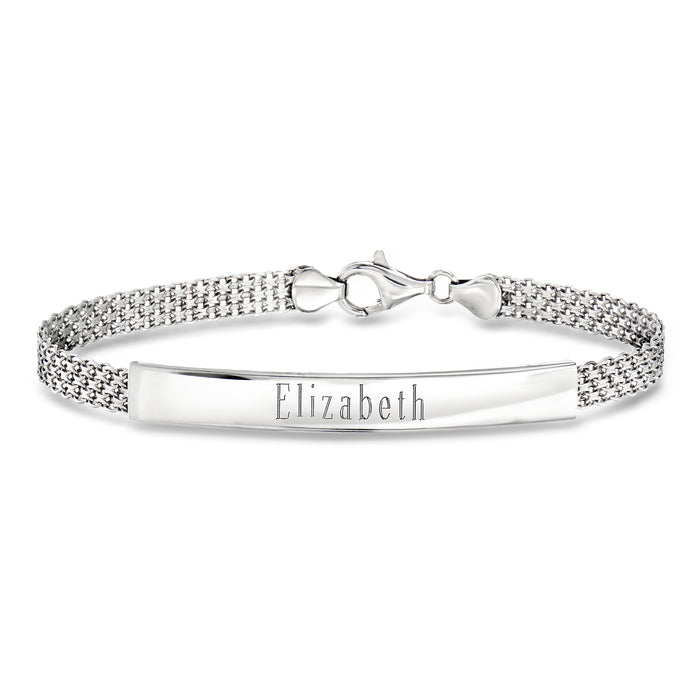Sterling silver tennis-link bracelet with engraved name bar 'Elizabeth' and lobster clasp