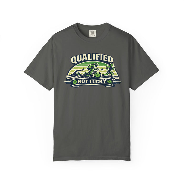 T-Shirt — "Qualified Not Lucky" Motorcycle Racing Tee