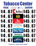 Tobacco Center price sign displaying pack and carton prices for Marlboro, Winston, Camel, Pall Mall, Newport, and Camel Crush with safety message.