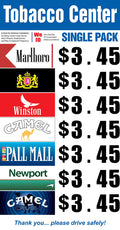 Tobacco Center single pack prices for Marlboro, Winston, Camel, Pall Mall, Newport, Camel Crush at $3.45 each