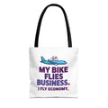 Tote Bag — 'My Bike Flies Business. I Fly Economy.' Triathlon Travel Tote