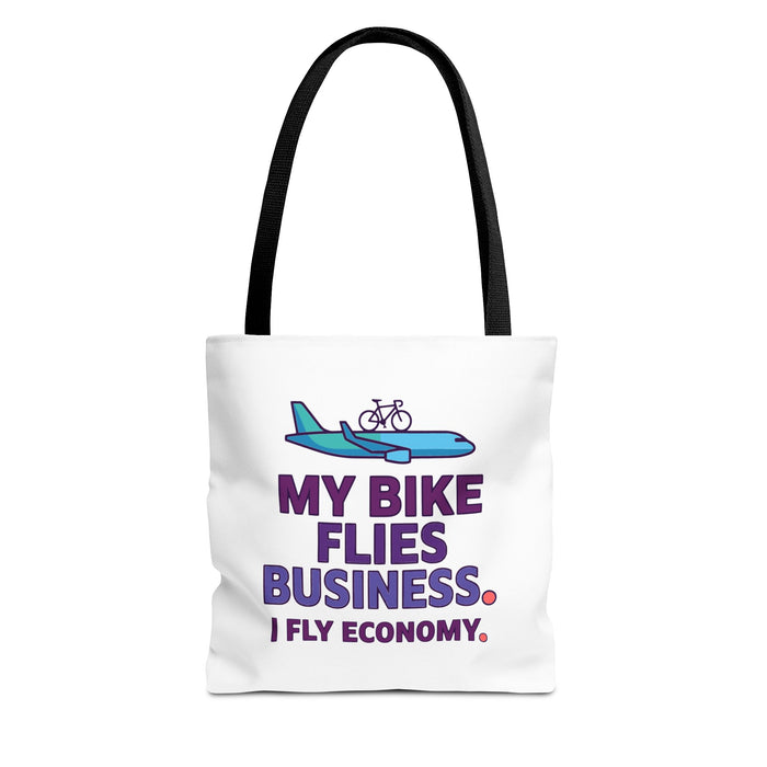 Tote Bag — 'My Bike Flies Business. I Fly Economy.' Triathlon Travel Tote