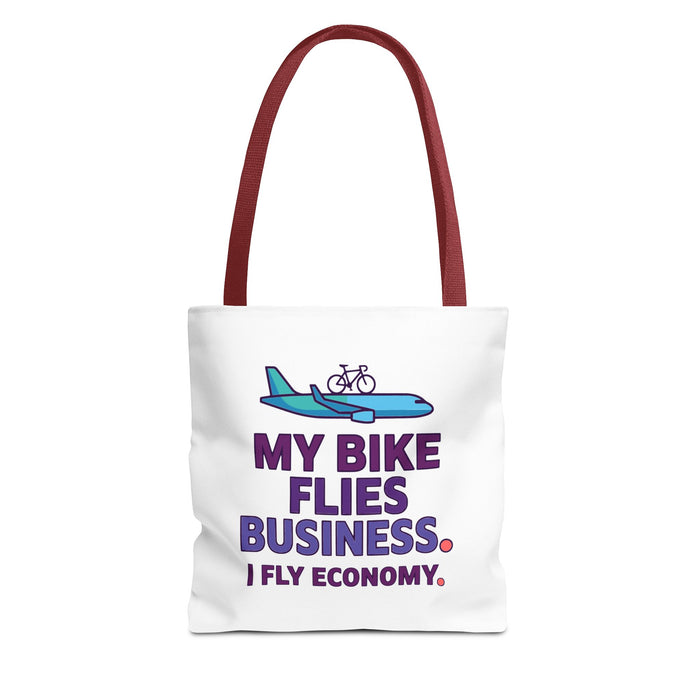 Tote Bag — 'My Bike Flies Business. I Fly Economy.' Triathlon Travel Tote