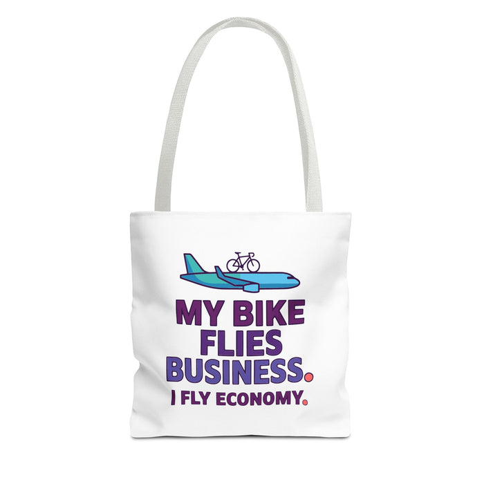 Tote Bag — 'My Bike Flies Business. I Fly Economy.' Triathlon Travel Tote