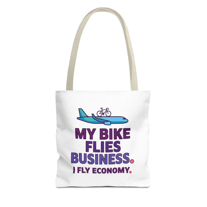 Tote Bag — 'My Bike Flies Business. I Fly Economy.' Triathlon Travel Tote