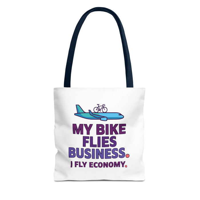 Tote Bag — 'My Bike Flies Business. I Fly Economy.' Triathlon Travel Tote