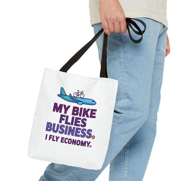 Tote Bag — 'My Bike Flies Business. I Fly Economy.' Triathlon Travel Tote